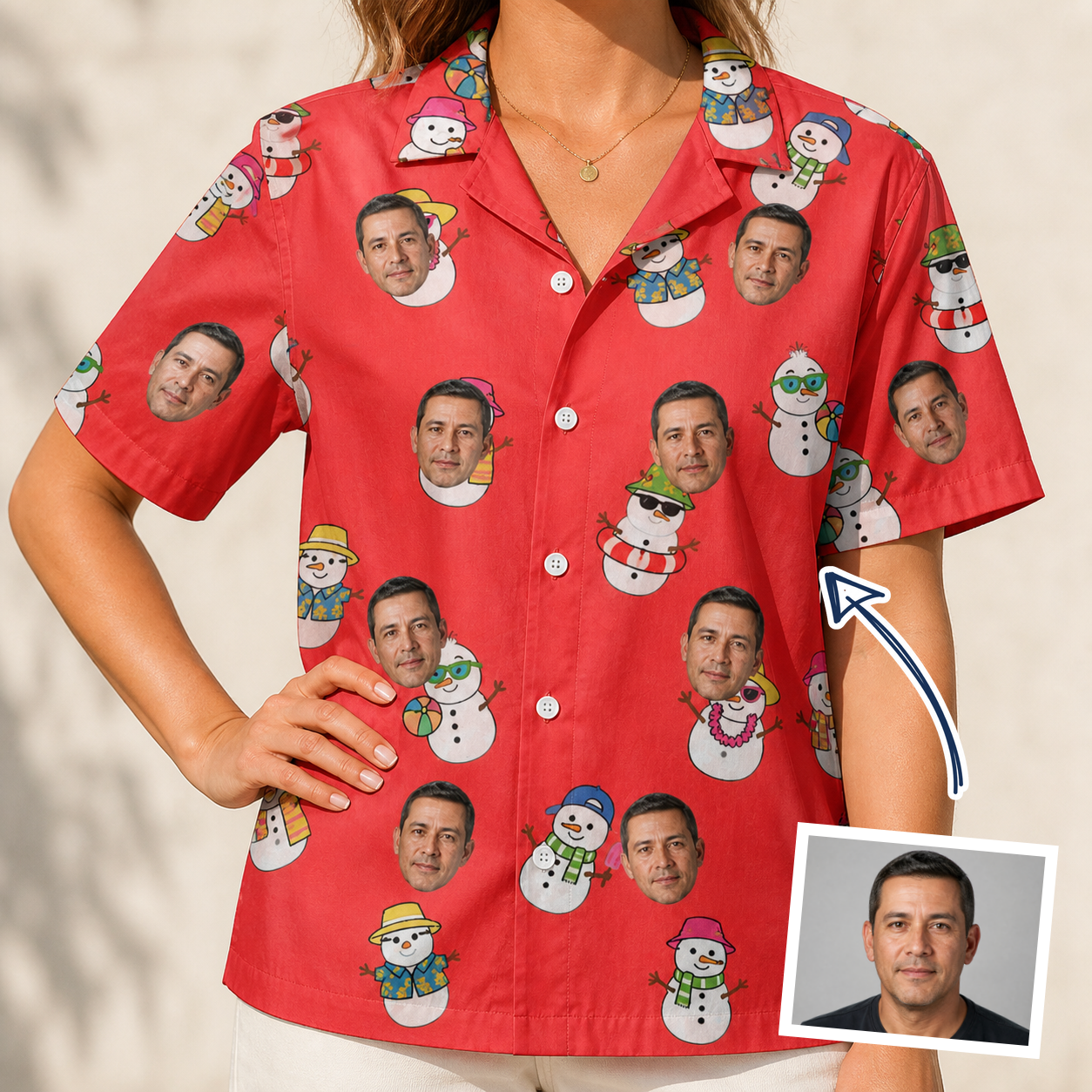 Woman wearing Women's Polar Pantomime Custom Face Hawaiian Shirt — custom faces printed all-over