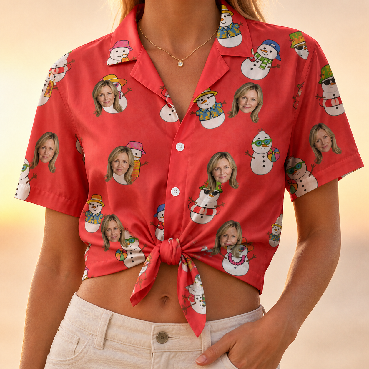 Woman wearing Women's Polar Pantomime Custom Face Hawaiian Shirt tied at the waist