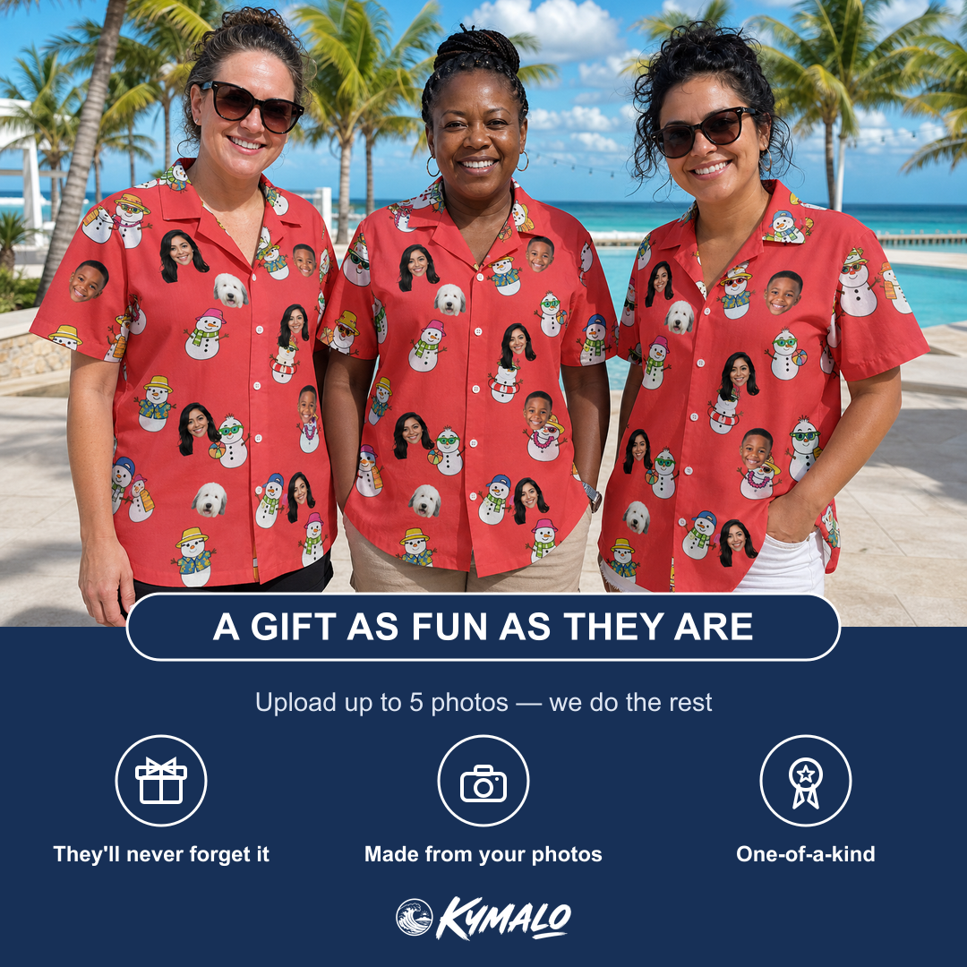 Friends in matching Women's Polar Pantomime Custom Face Hawaiian Shirt — a group gift photo