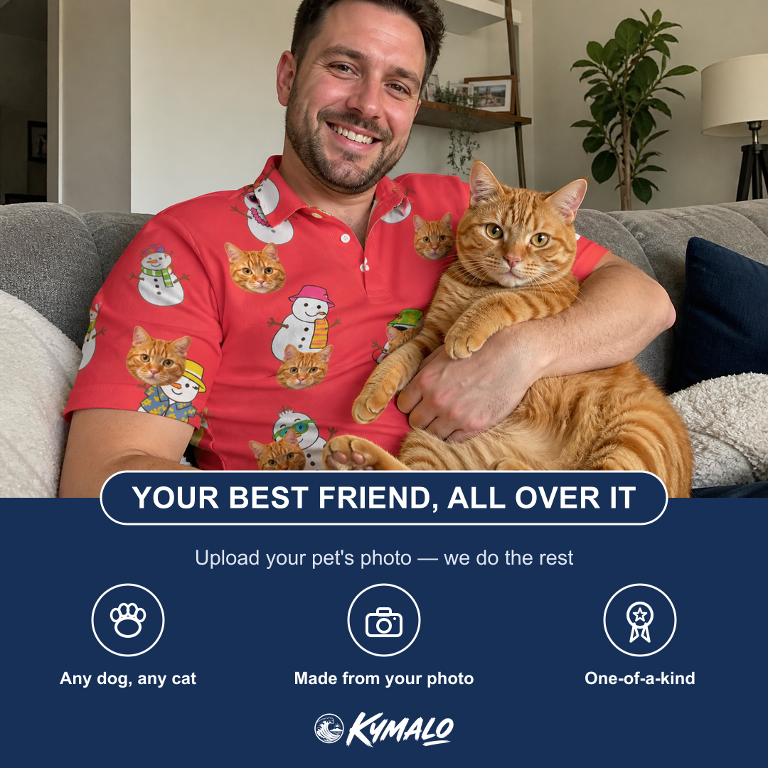 Friends in matching Men's Polar Pantomime Custom Cat Face Polo Shirt — a group gift photo