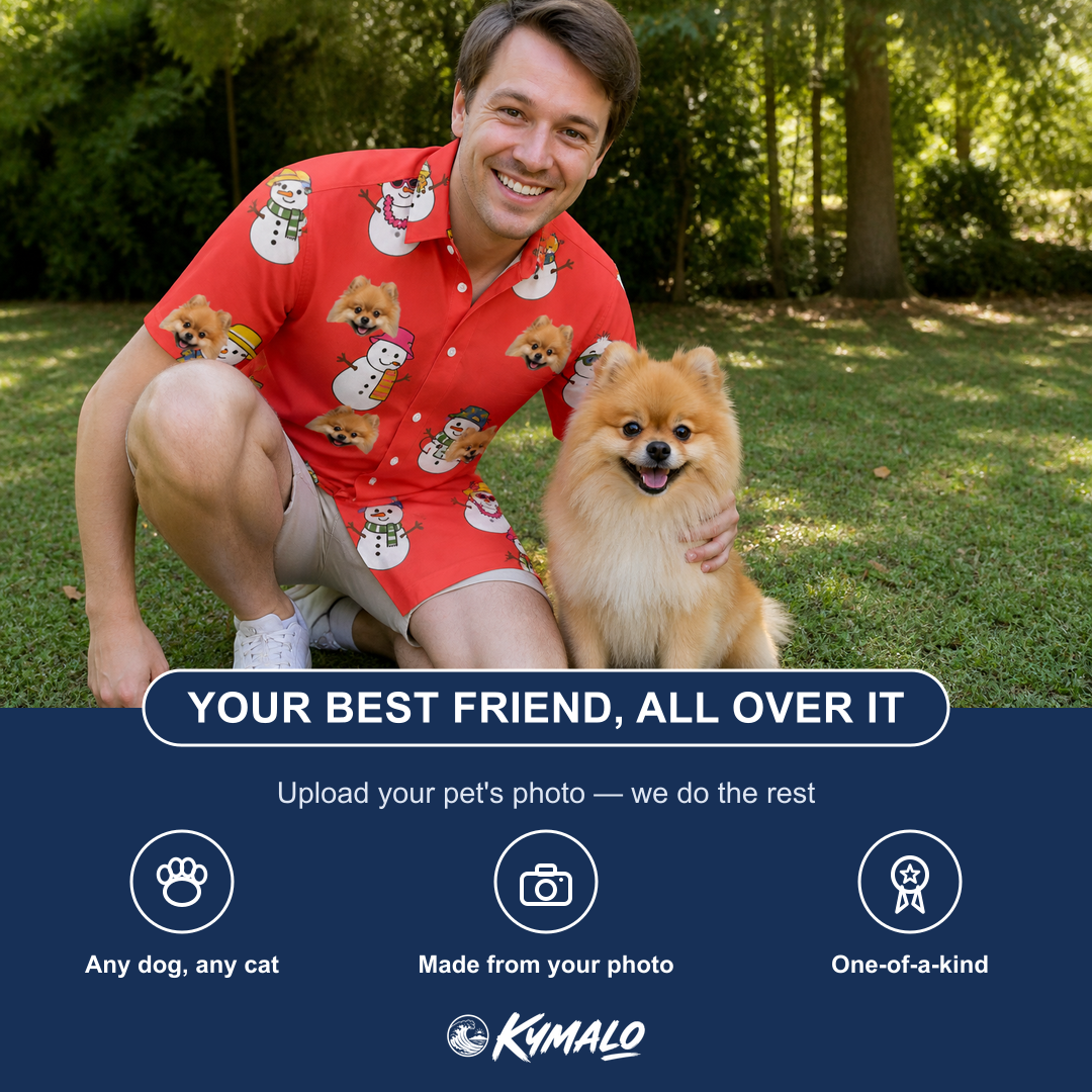 Friends in matching Men's Polar Pantomime Custom Dog Face Polo Shirt — a group gift photo