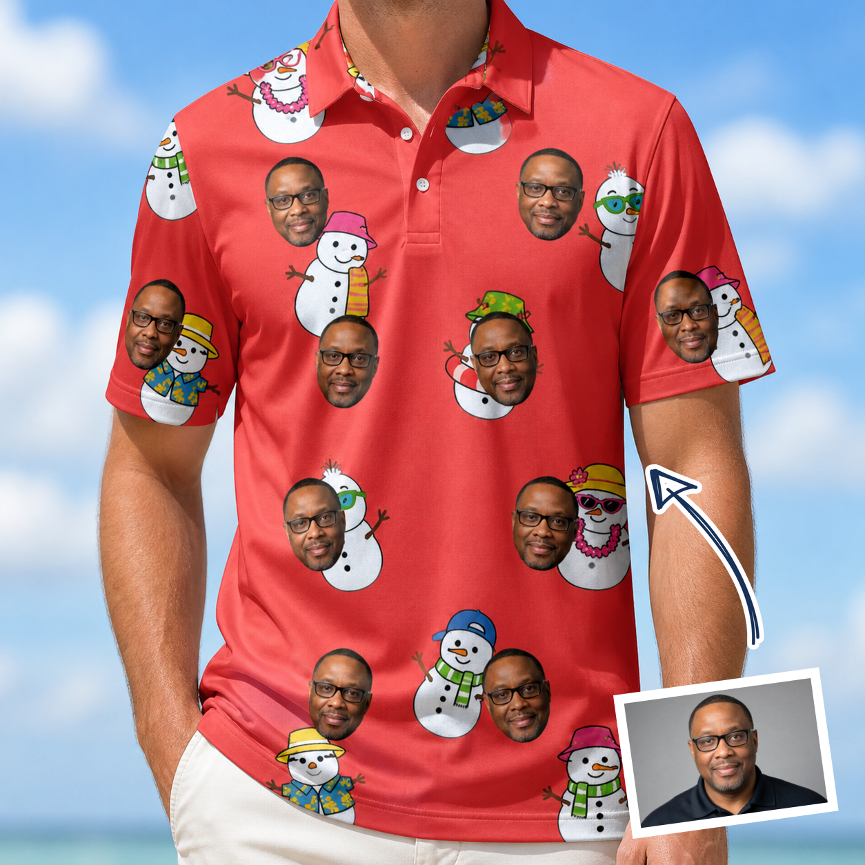 Man wearing Men's Polar Pantomime Custom Face Polo Shirt — custom faces printed all-over