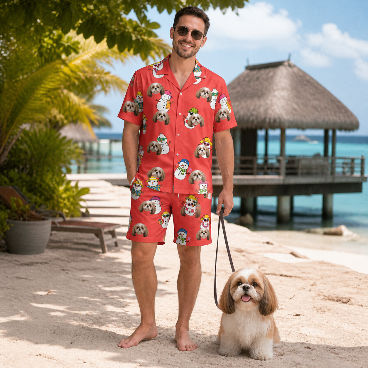 Full-length photo with the pet printed all over this Men's Polar Pantomime Custom Dog Face Shirt & Shorts Set