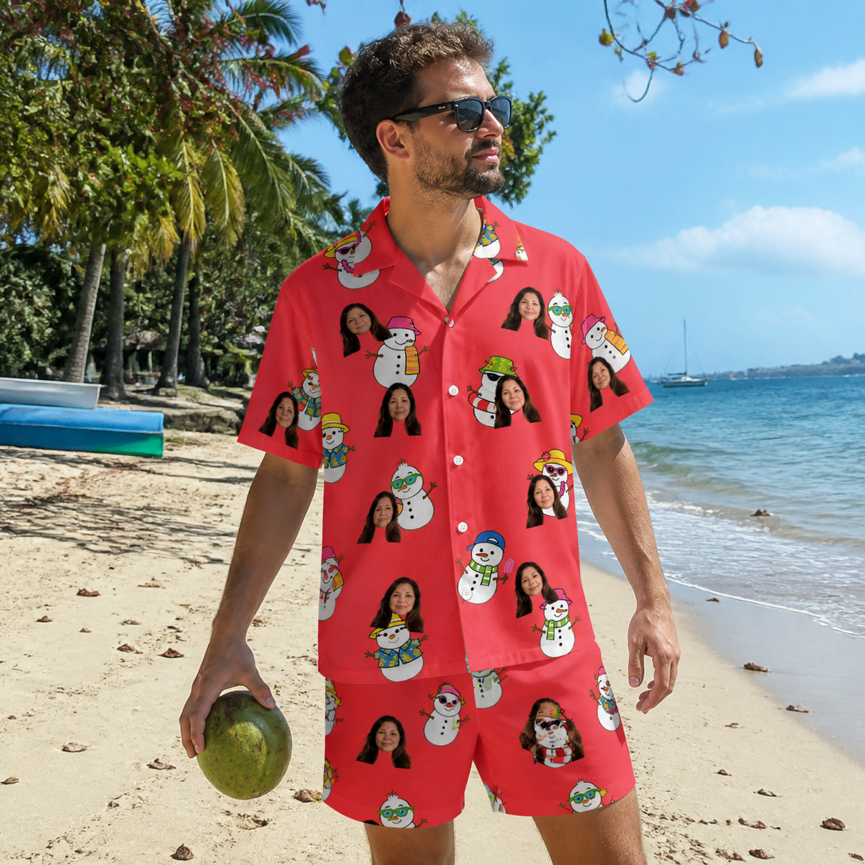 Real-life photo of someone wearing Men's Polar Pantomime Custom Face Shirt & Shorts Set — custom faces printed all-over