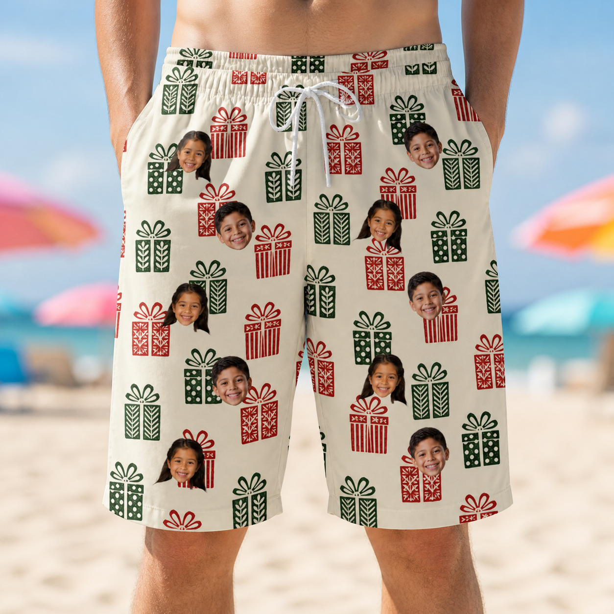 Model wearing Men's Bowtiful Bundles Custom Face Beach Shorts printed with kids' faces