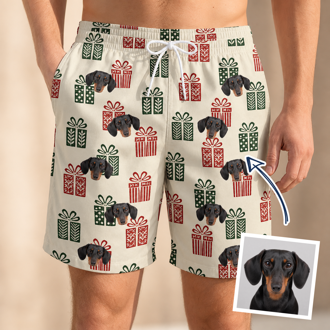 Man wearing Men's Bowtiful Bundles Custom Dog Face Beach Shorts — custom faces printed all-over