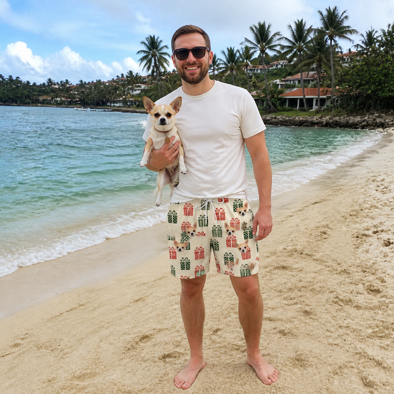 Full-length photo with the pet printed all over this Men's Bowtiful Bundles Custom Dog Face Beach Shorts