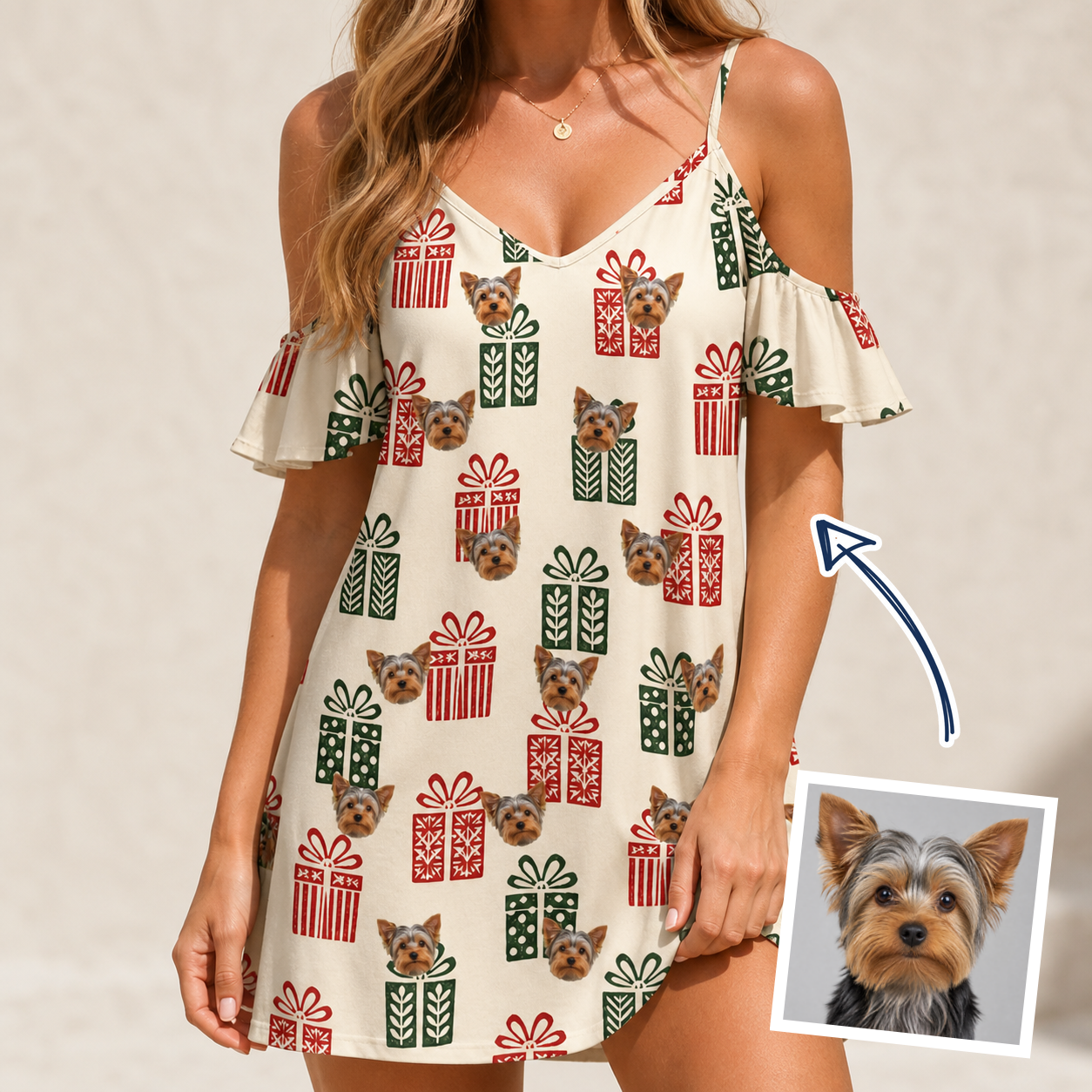 Woman wearing Women's Bowtiful Bundles Custom Dog Face Off-Shoulder Dress — custom faces printed all-over
