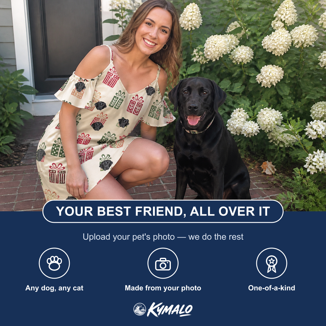 Friends in matching Women's Bowtiful Bundles Custom Dog Face Off-Shoulder Dress — a group gift photo