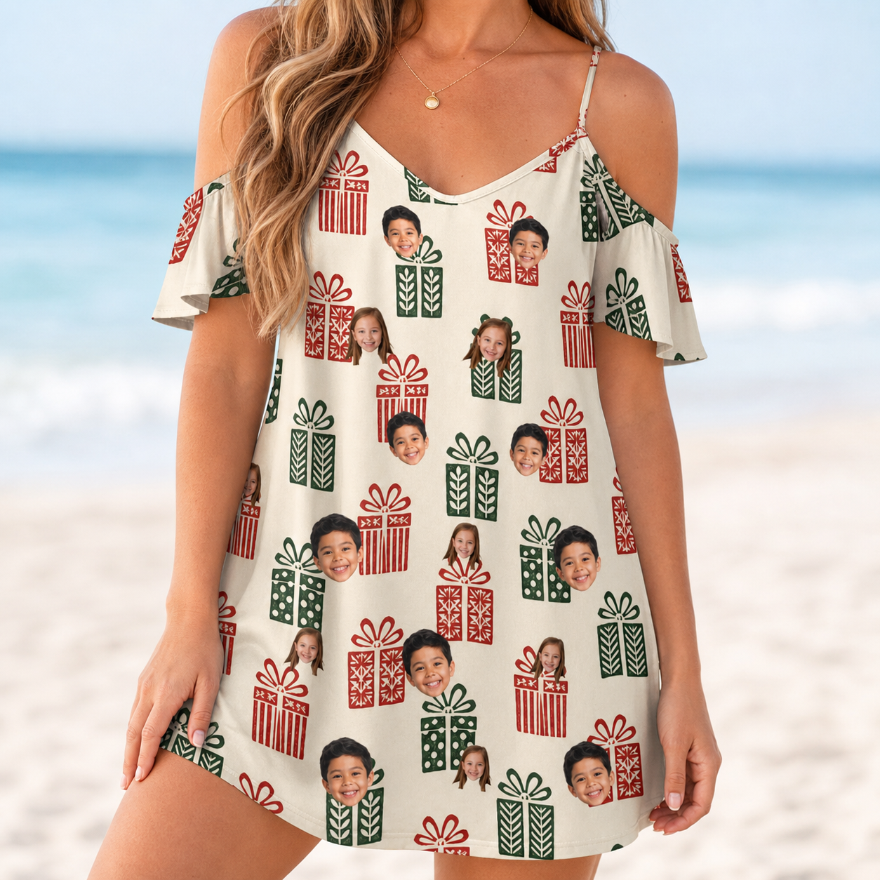 Model wearing Women's Bowtiful Bundles Custom Face Off-Shoulder Dress printed with kids' faces