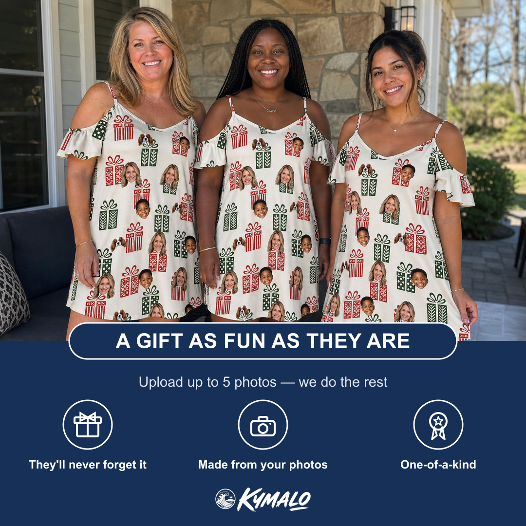 Friends in matching Women's Bowtiful Bundles Custom Face Off-Shoulder Dress — a group gift photo