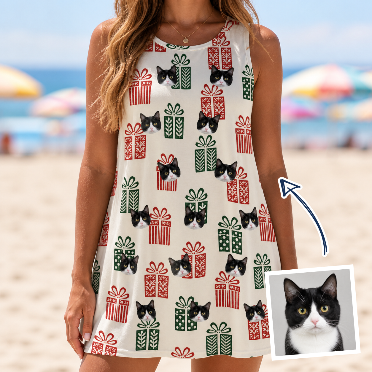 Woman wearing Women's Bowtiful Bundles Custom Cat Face Tank Dress — custom faces printed all-over