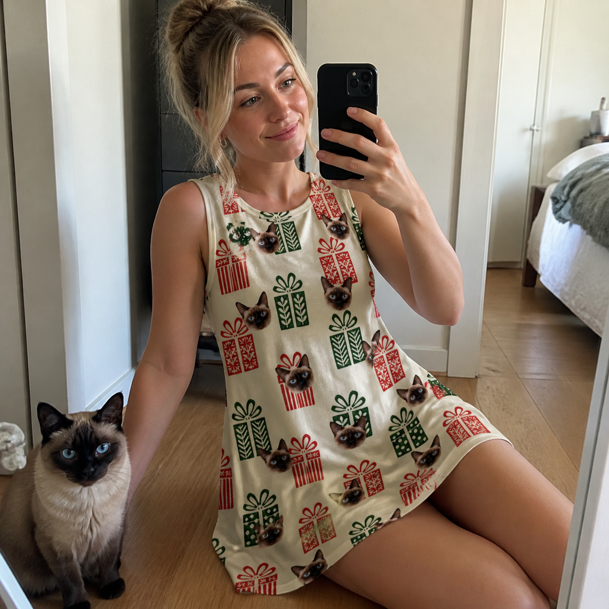 Selfie with the pet whose face is printed all over this Women's Bowtiful Bundles Custom Cat Face Tank Dress