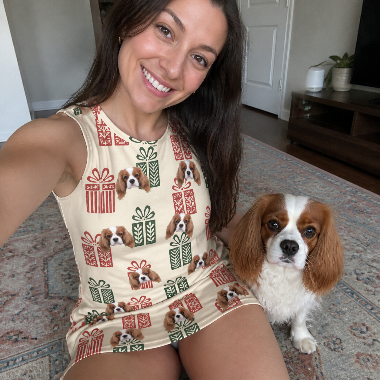 Selfie with the pet whose face is printed all over this Women's Bowtiful Bundles Custom Dog Face Tank Dress