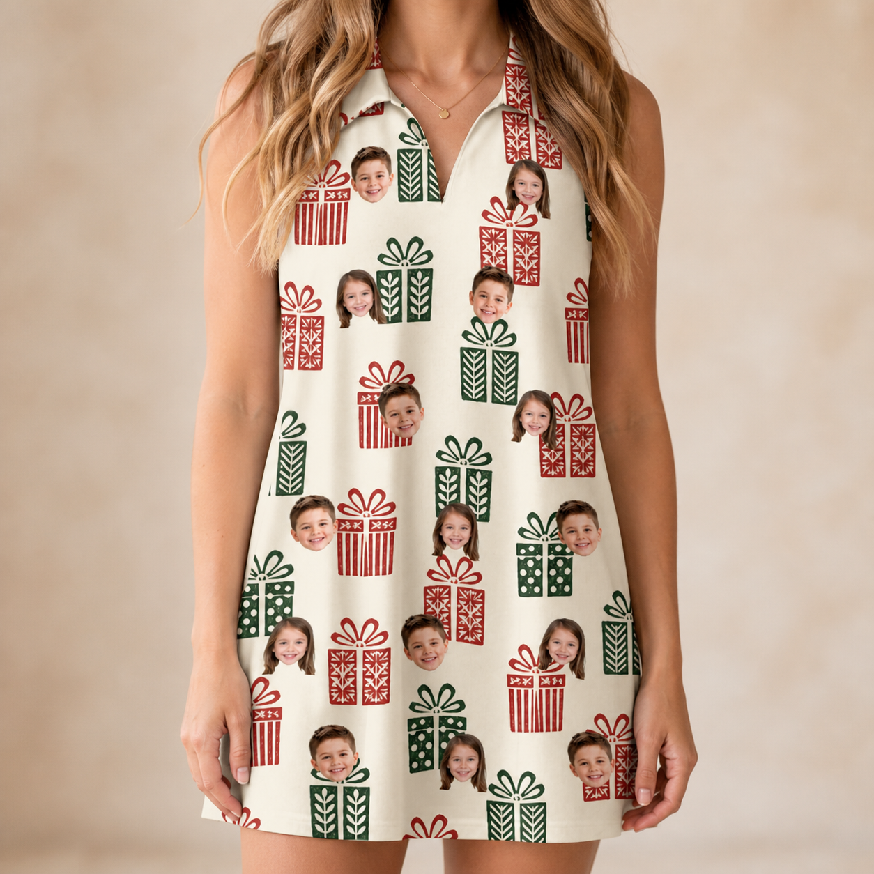 Model wearing Women's Bowtiful Bundles Custom Face V-Neck Dress printed with kids' faces