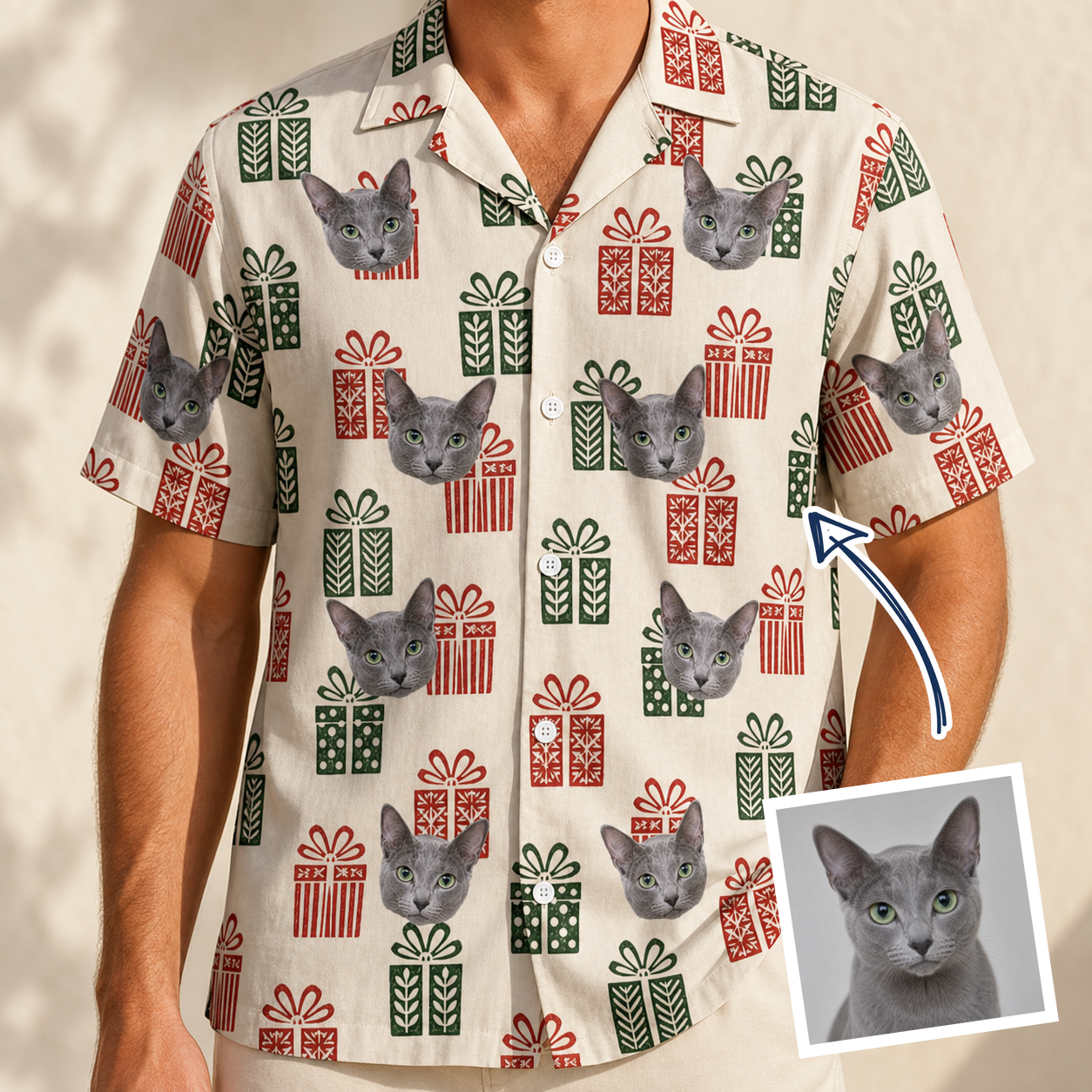 Man wearing Men's Bowtiful Bundles Custom Cat Face Hawaiian Shirt — custom faces printed all-over