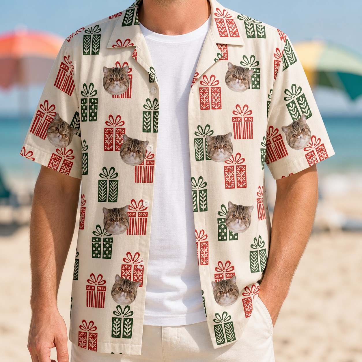 Man wearing Men's Bowtiful Bundles Custom Cat Face Hawaiian Shirt open over a white tee
