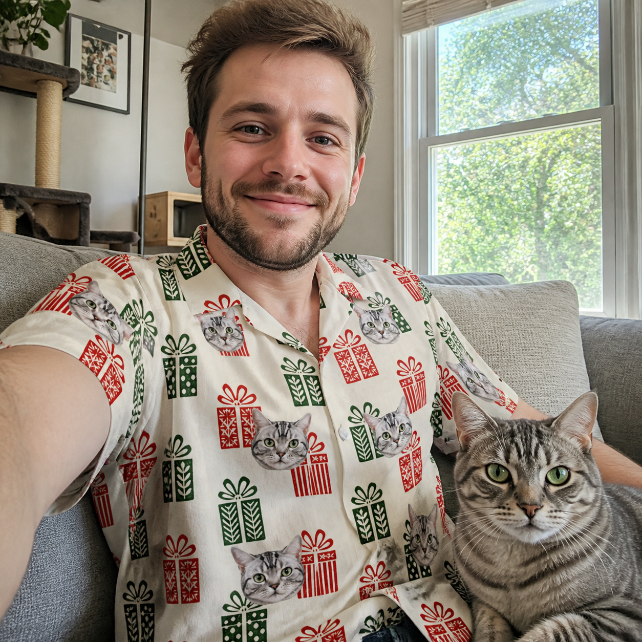 Selfie with the pet whose face is printed all over this Men's Bowtiful Bundles Custom Cat Face Hawaiian Shirt