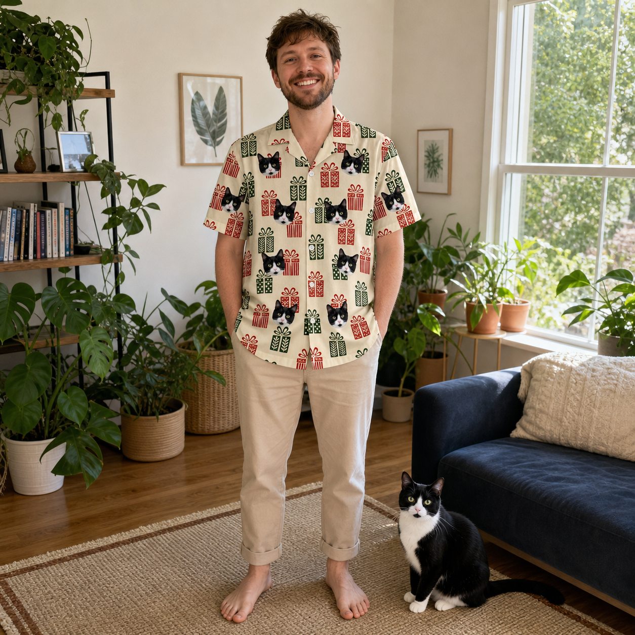 Full-length photo with the pet printed all over this Men's Bowtiful Bundles Custom Cat Face Hawaiian Shirt