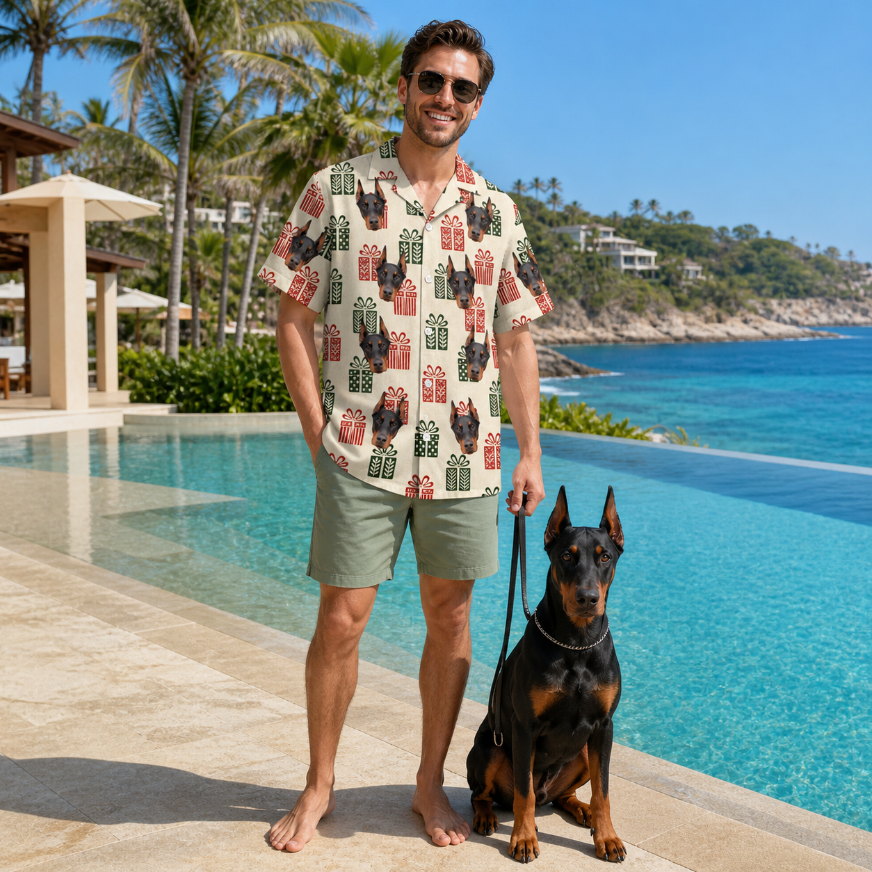Full-length photo with the pet printed all over this Men's Bowtiful Bundles Custom Dog Face Hawaiian Shirt