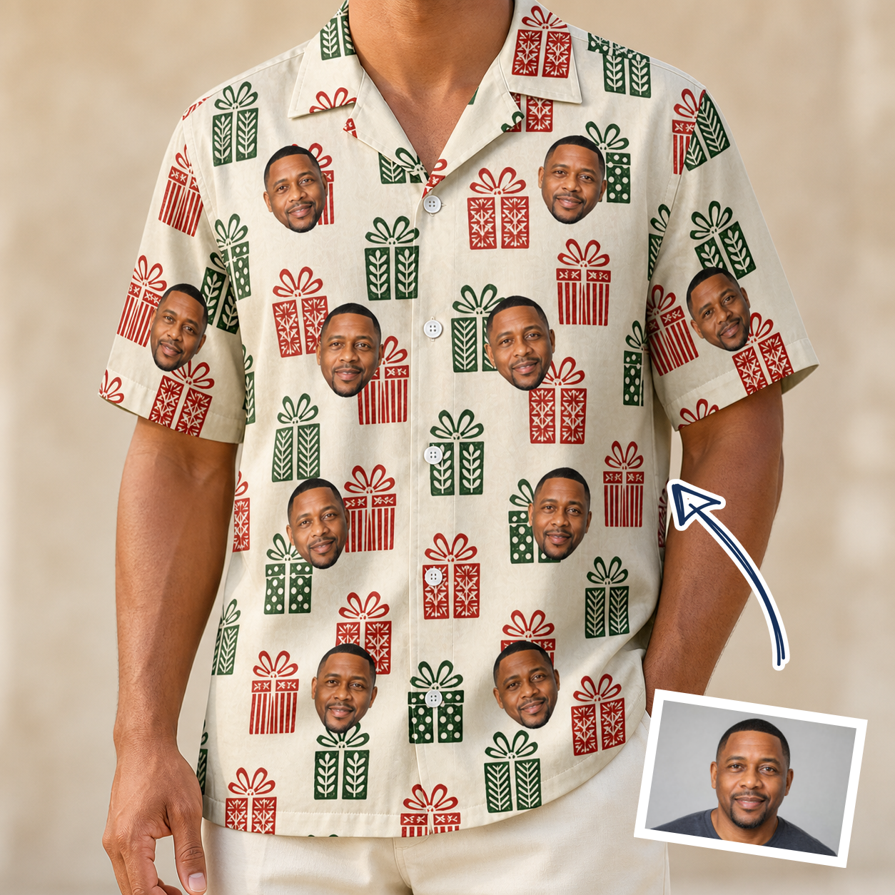 Man wearing Men's Bowtiful Bundles Custom Face Hawaiian Shirt — custom faces printed all-over