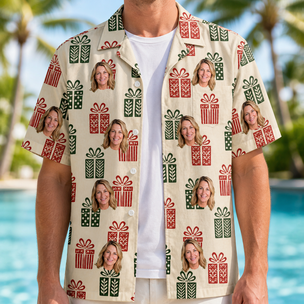 Man wearing Men's Bowtiful Bundles Custom Face Hawaiian Shirt open over a white tee