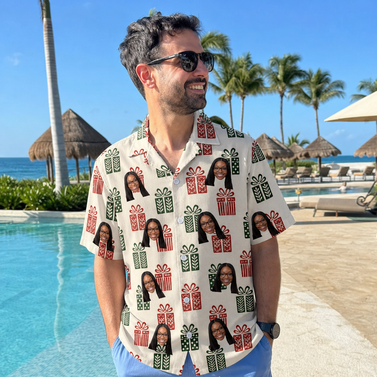 Real-life photo of someone wearing Men's Bowtiful Bundles Custom Face Hawaiian Shirt — custom faces printed all-over