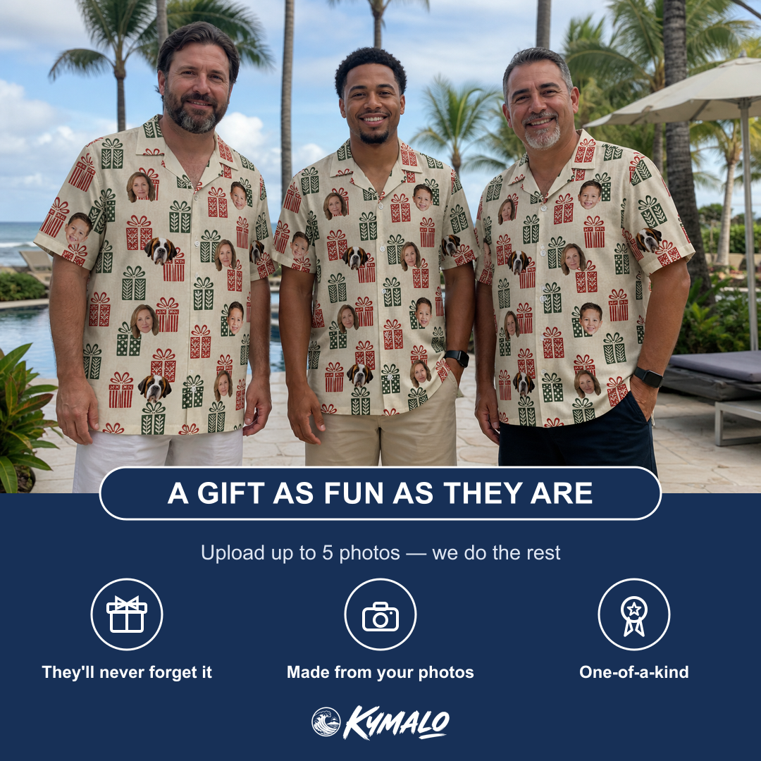 Friends in matching Men's Bowtiful Bundles Custom Face Hawaiian Shirt — a group gift photo