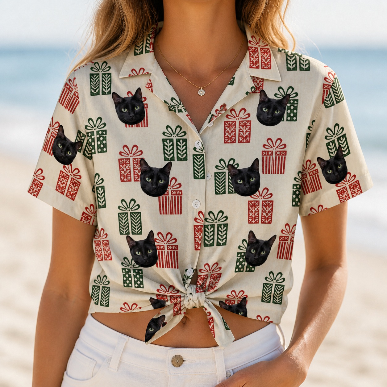 Woman wearing Women's Bowtiful Bundles Custom Cat Face Hawaiian Shirt tied at the waist