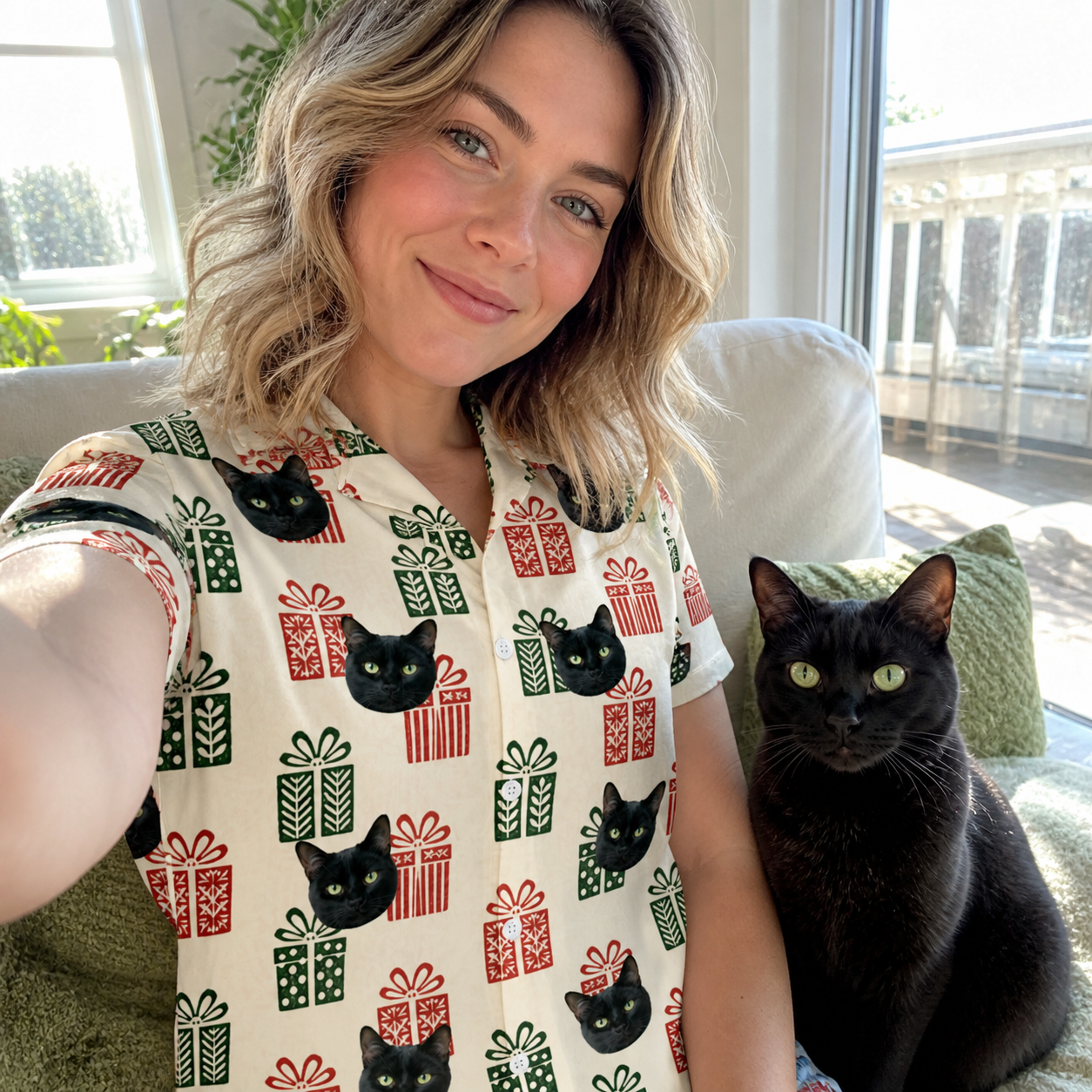 Selfie with the pet whose face is printed all over this Women's Bowtiful Bundles Custom Cat Face Hawaiian Shirt
