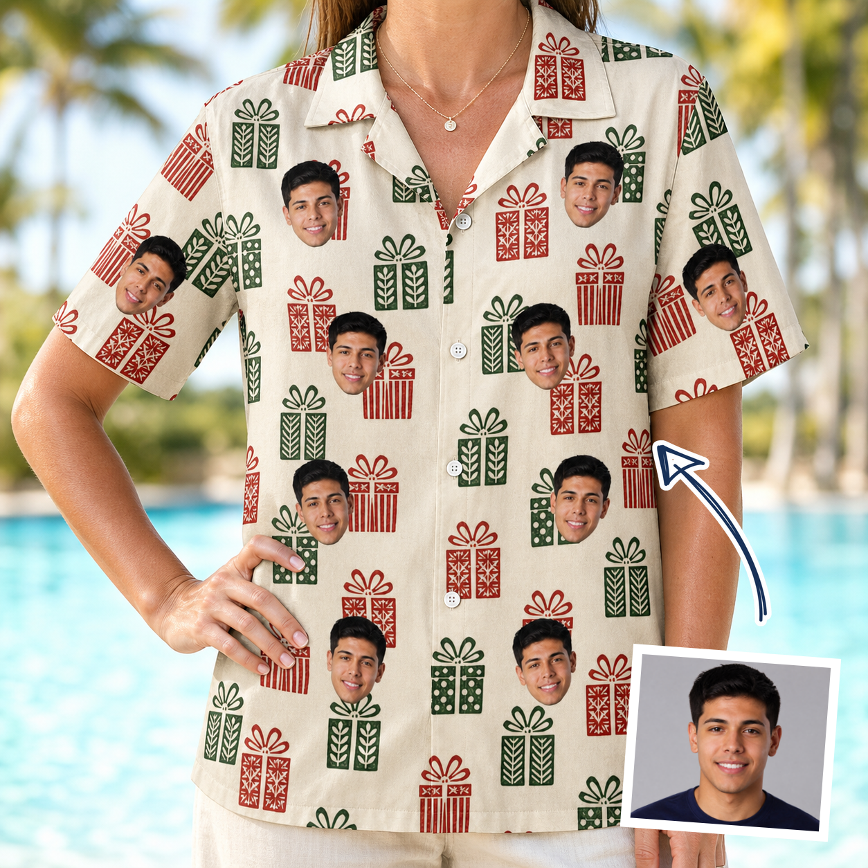 Woman wearing Women's Bowtiful Bundles Custom Face Hawaiian Shirt — custom faces printed all-over