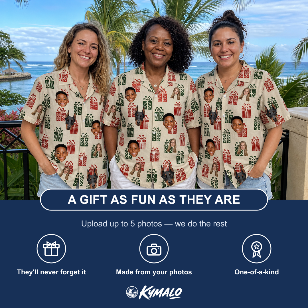 Friends in matching Women's Bowtiful Bundles Custom Face Hawaiian Shirt — a group gift photo