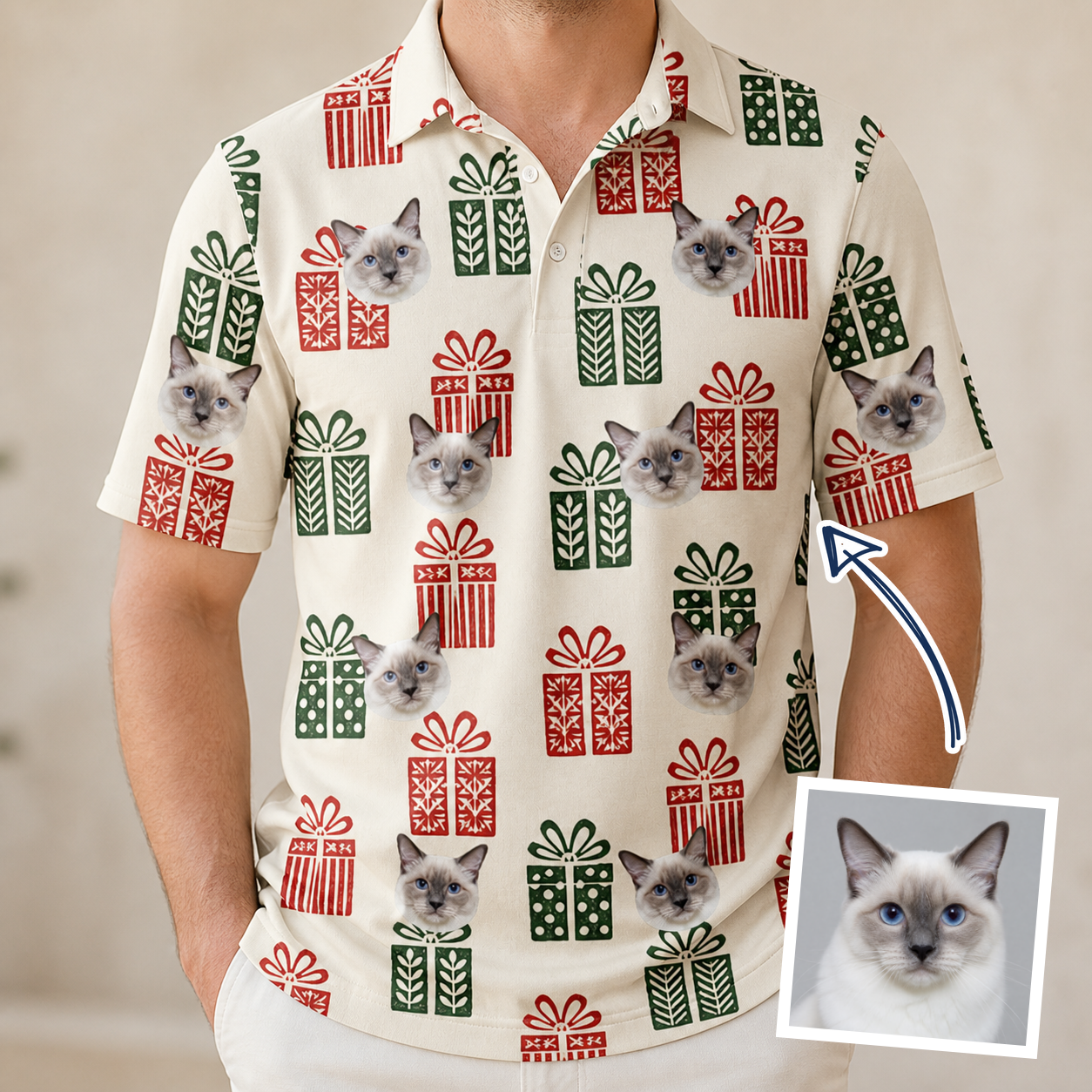 Man wearing Men's Bowtiful Bundles Custom Cat Face Polo Shirt — custom faces printed all-over
