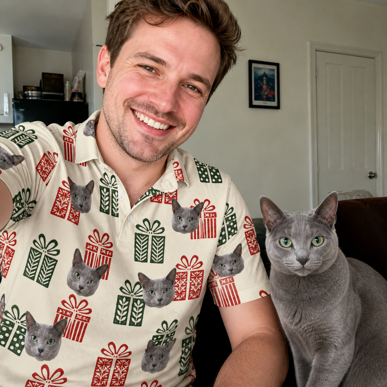 Selfie with the pet whose face is printed all over this Men's Bowtiful Bundles Custom Cat Face Polo Shirt