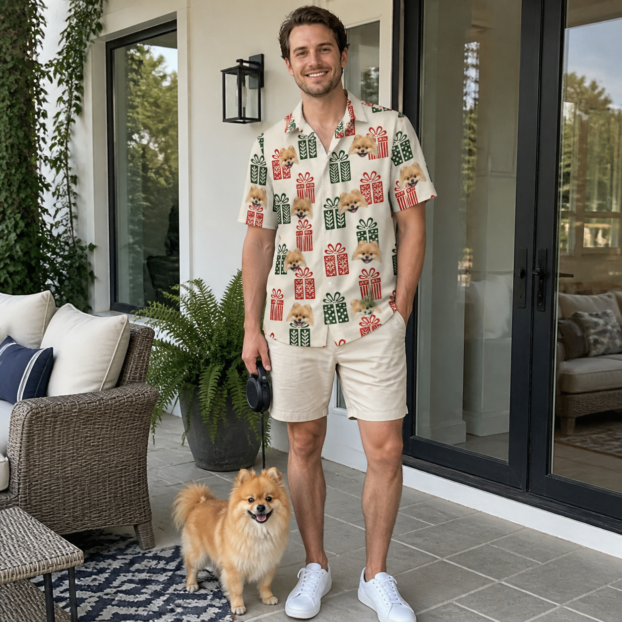 Full-length photo with the pet printed all over this Men's Bowtiful Bundles Custom Dog Face Polo Shirt