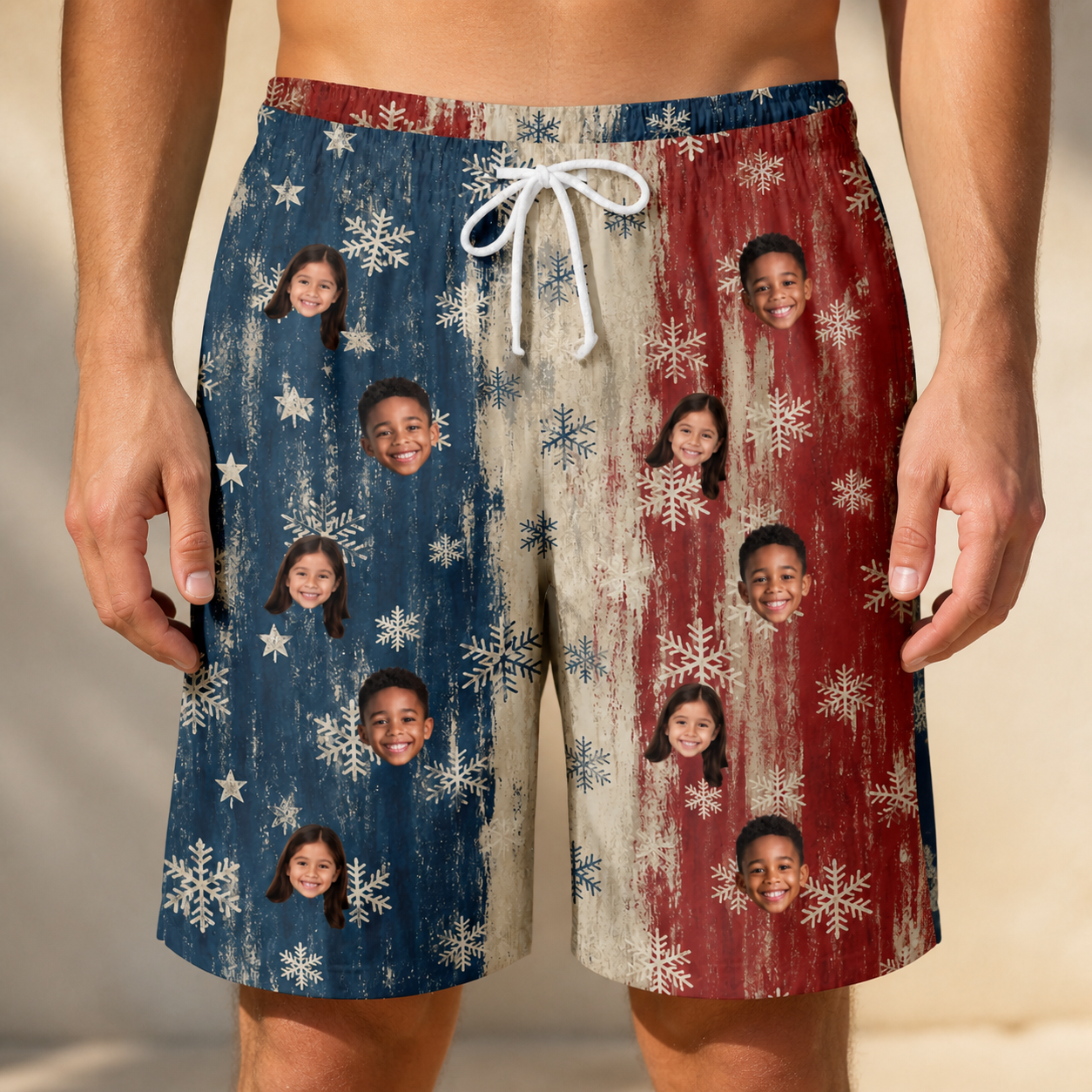 Model wearing Men's Crystal Cascade Custom Face Beach Shorts printed with kids' faces