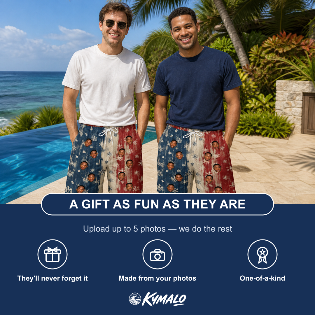 Friends in matching Men's Crystal Cascade Custom Face Beach Shorts — a group gift photo