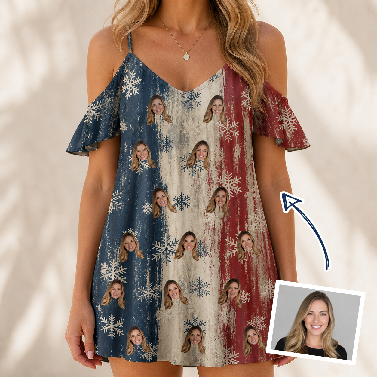 Woman wearing Women's Crystal Cascade Custom Face Off-Shoulder Dress — custom faces printed all-over