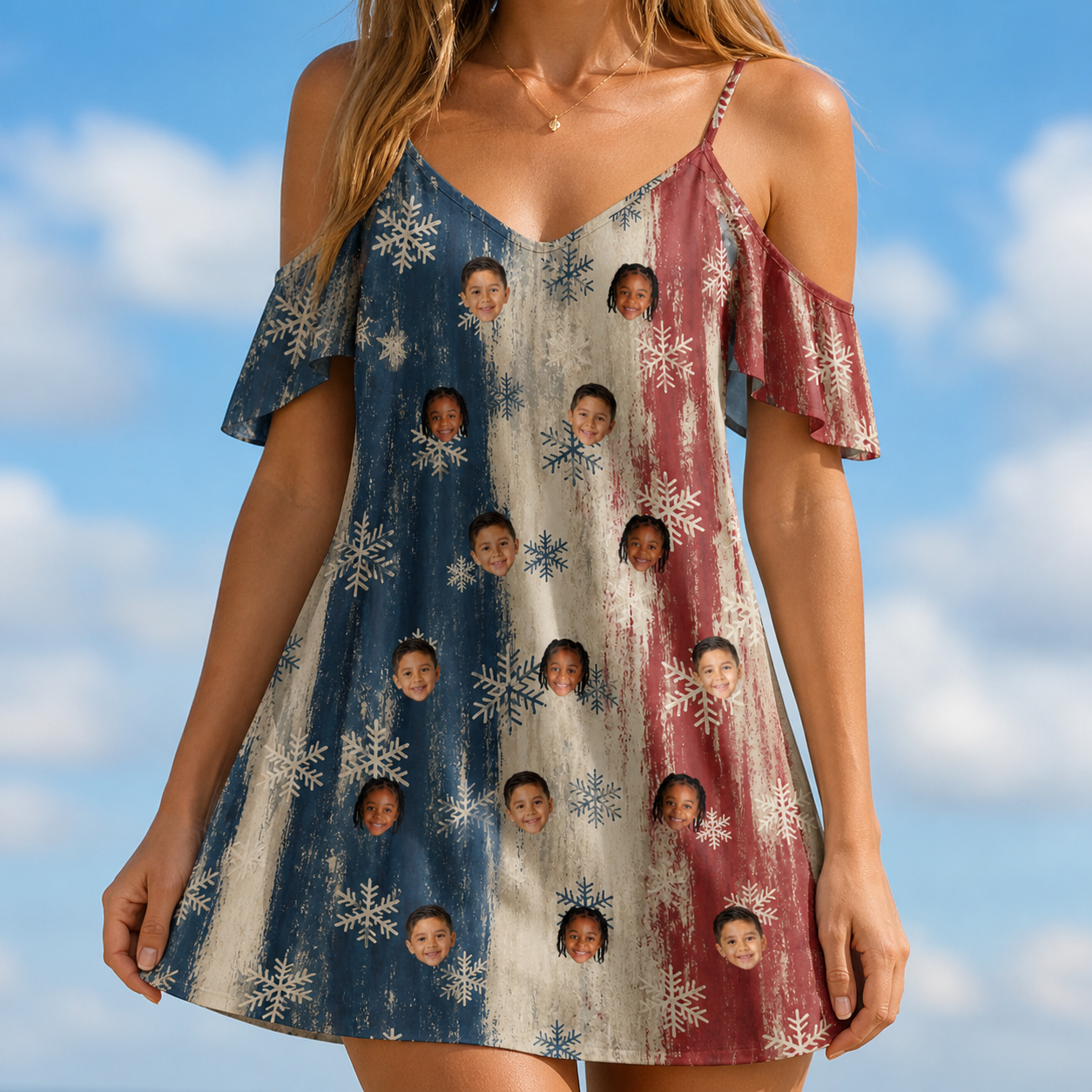 Model wearing Women's Crystal Cascade Custom Face Off-Shoulder Dress printed with kids' faces