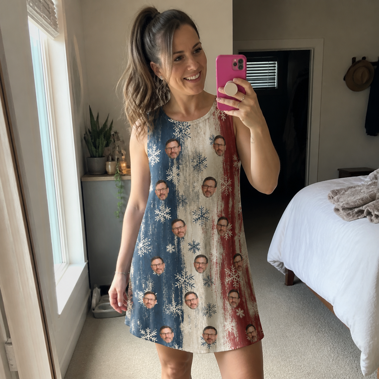 Real-life photo of someone wearing Women's Crystal Cascade Custom Face Tank Dress — custom faces printed all-over