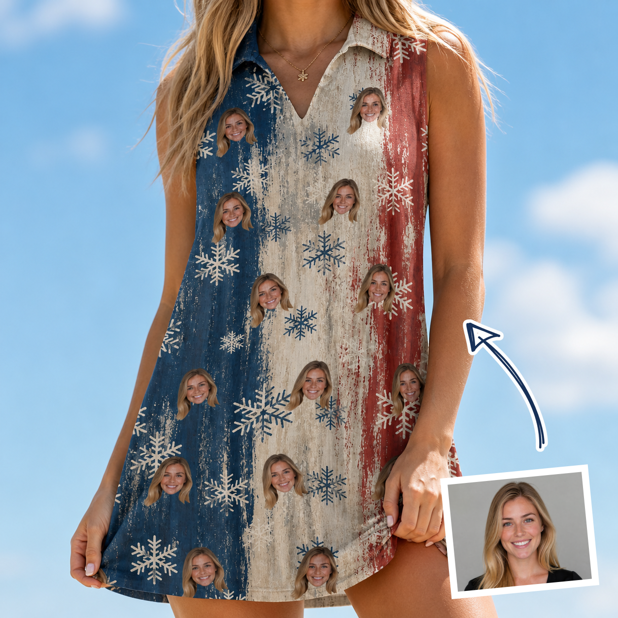 Woman wearing Women's Crystal Cascade Custom Face V-Neck Dress — custom faces printed all-over