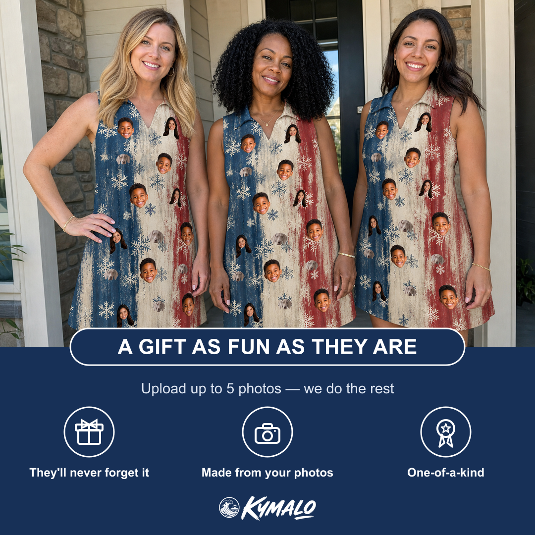 Friends in matching Women's Crystal Cascade Custom Face V-Neck Dress — a group gift photo