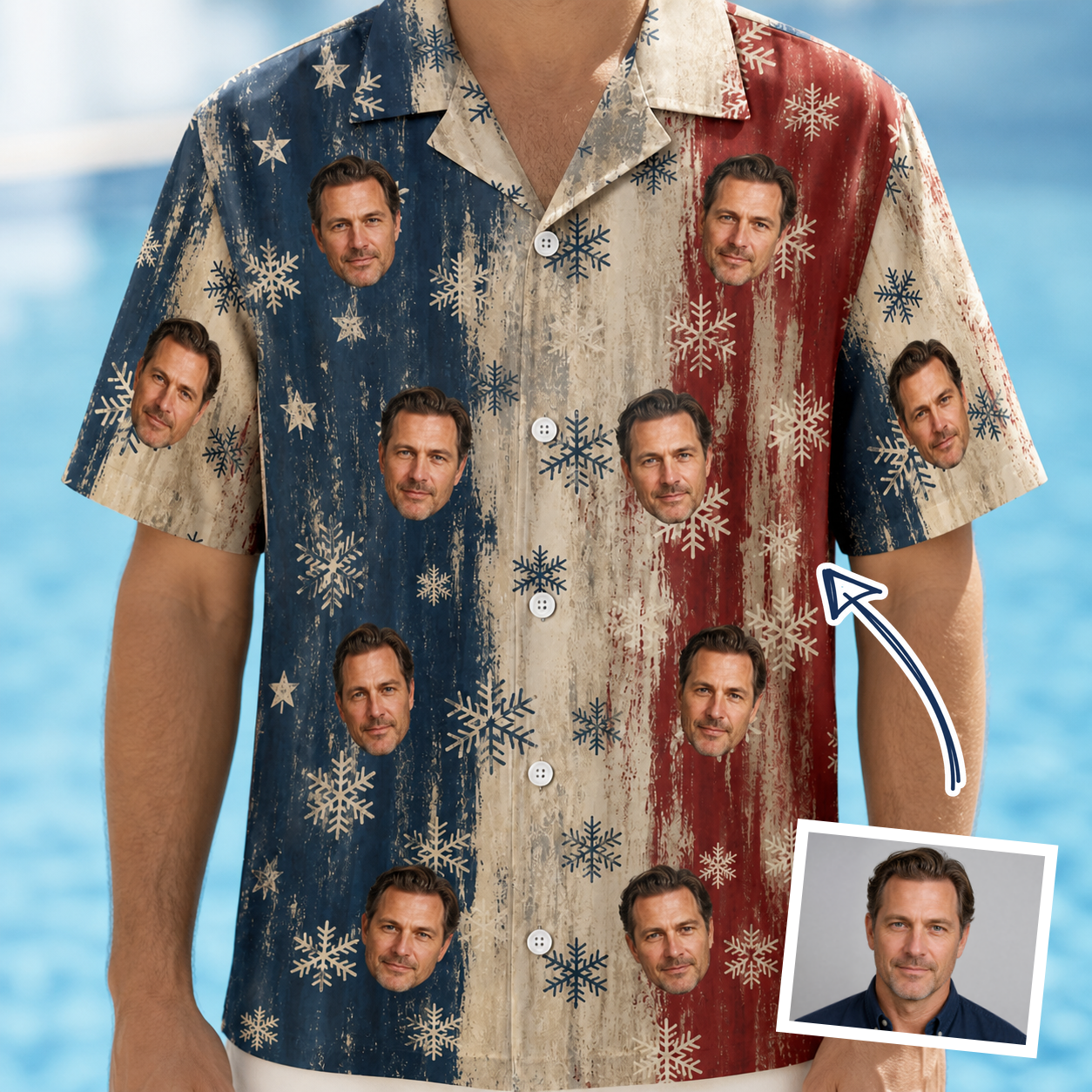 Man wearing Men's Crystal Cascade Custom Face Hawaiian Shirt — custom faces printed all-over