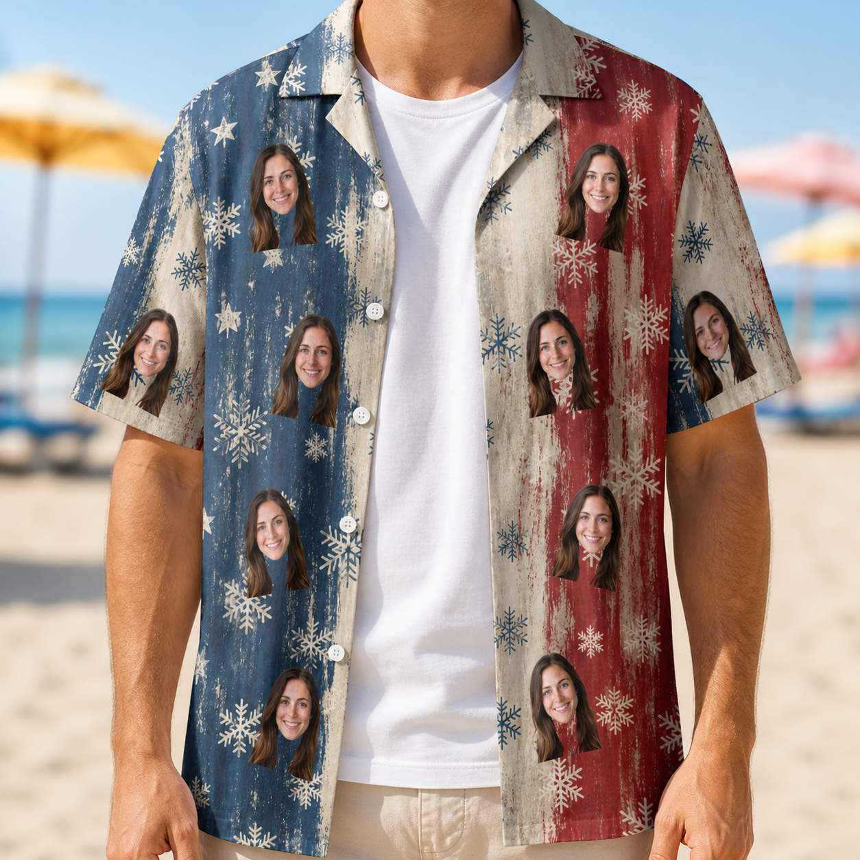 Man wearing Men's Crystal Cascade Custom Face Hawaiian Shirt open over a white tee