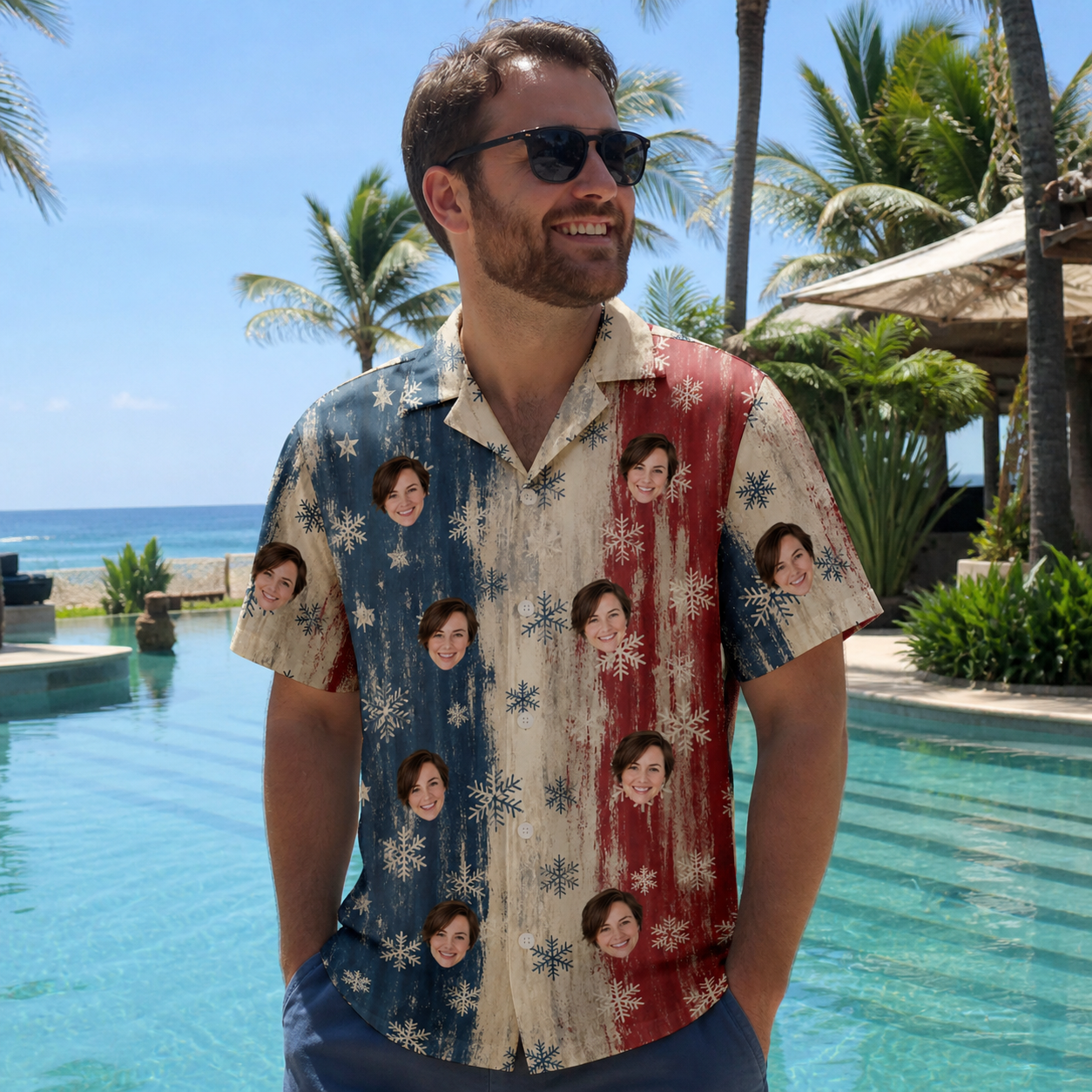 Real-life photo of someone wearing Men's Crystal Cascade Custom Face Hawaiian Shirt — custom faces printed all-over