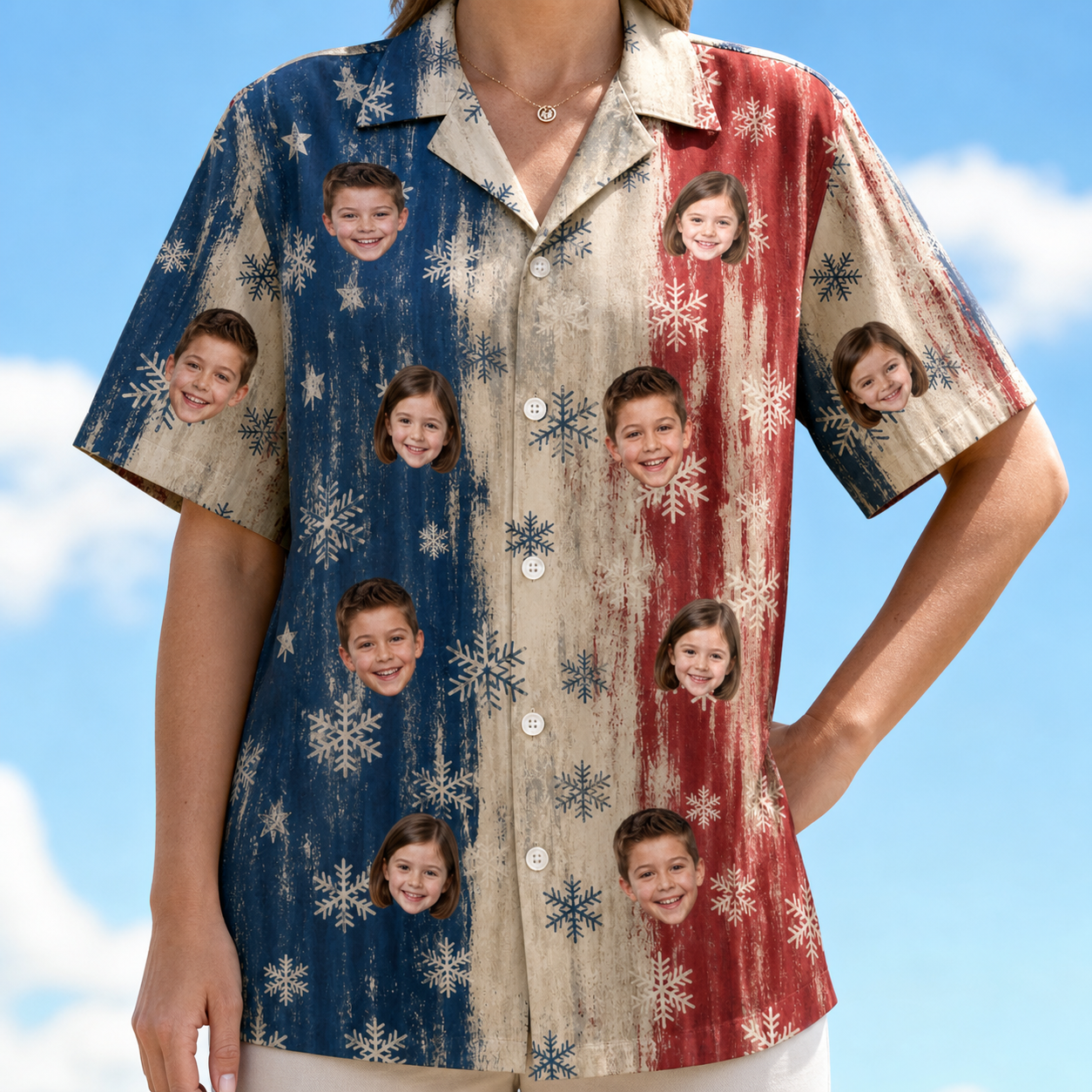Model wearing Women's Crystal Cascade Custom Face Hawaiian Shirt printed with kids' faces