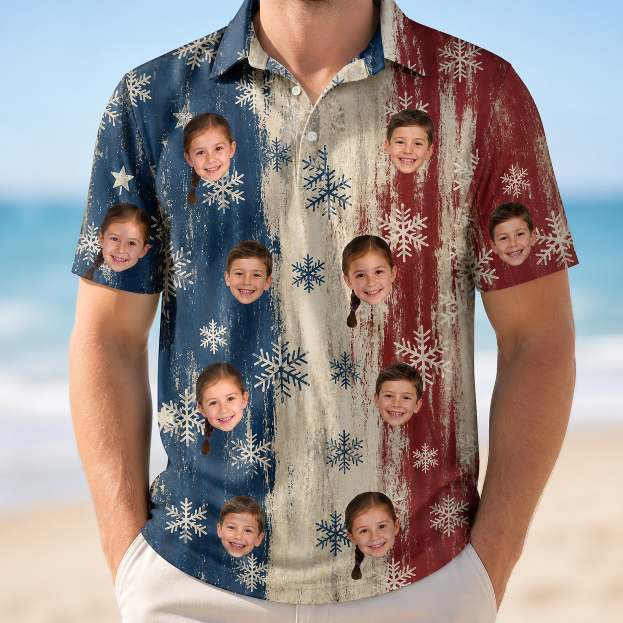 Model wearing Men's Crystal Cascade Custom Face Polo Shirt printed with kids' faces