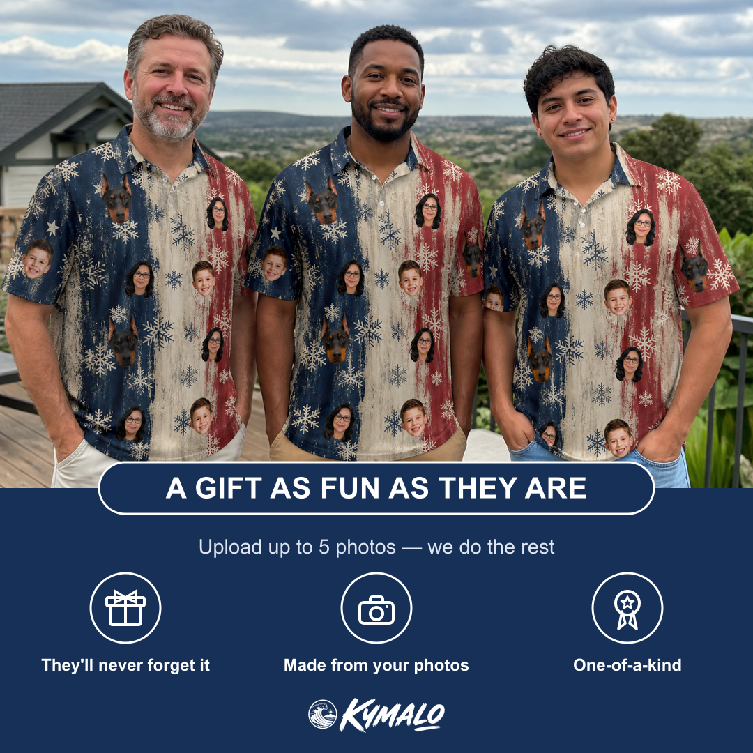 Friends in matching Men's Crystal Cascade Custom Face Polo Shirt — a group gift photo