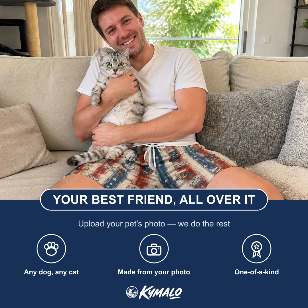 Friends in matching Men's Christmas Cuffs Custom Cat Face Beach Shorts — a group gift photo