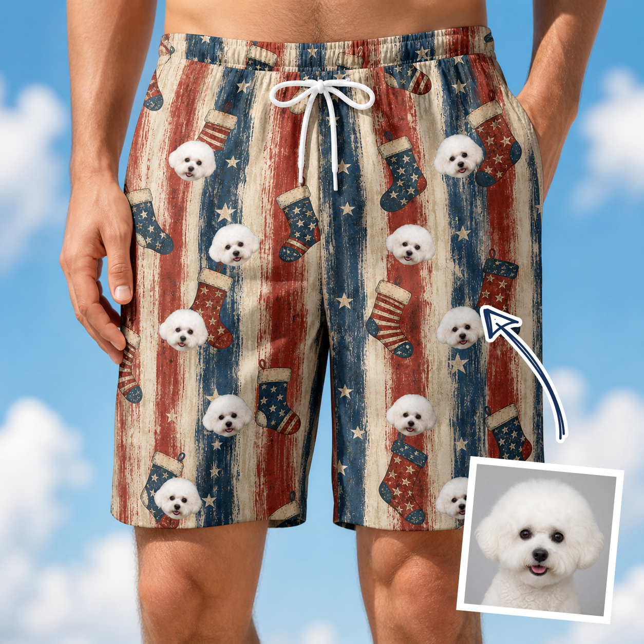 Man wearing Men's Christmas Cuffs Custom Dog Face Beach Shorts — custom faces printed all-over